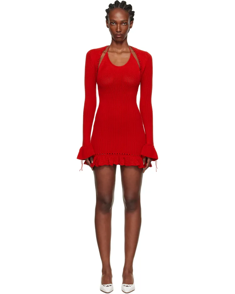 GUIZIO White Crochet Halter Minidress Red