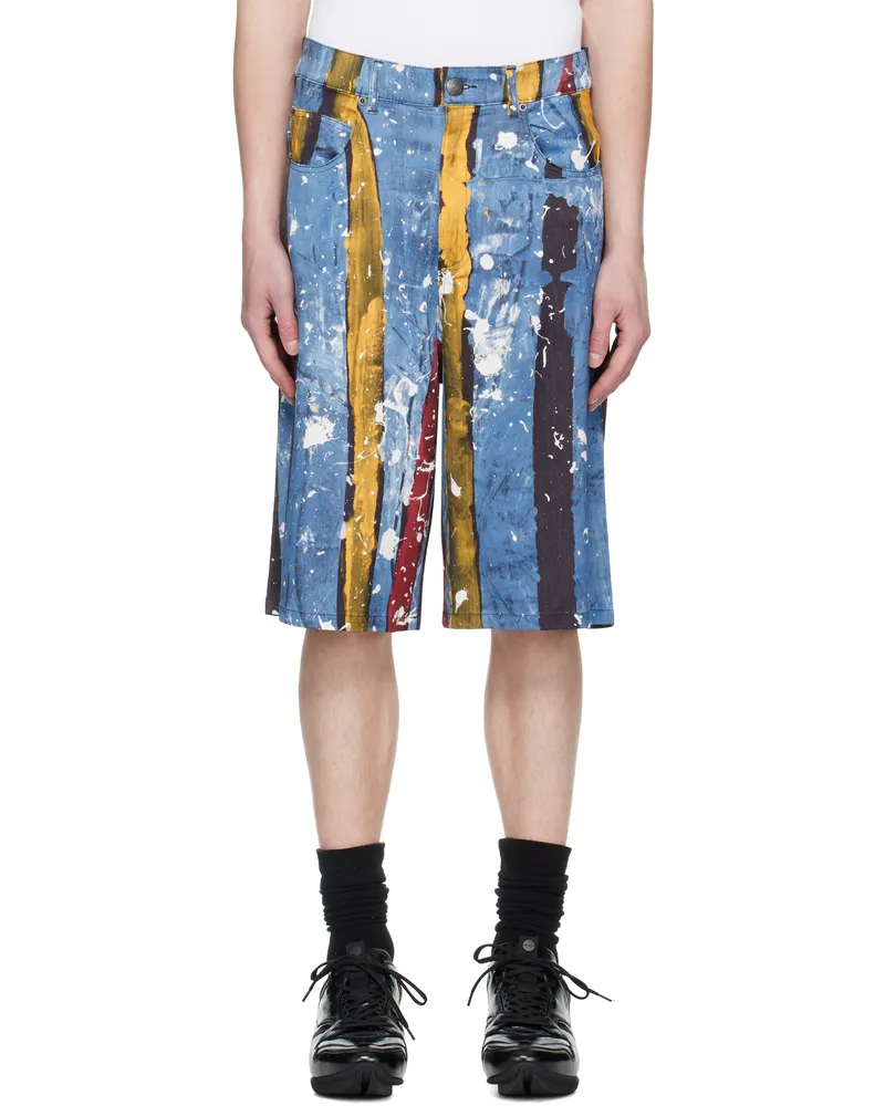 Charles Jeffrey Loverboy Navy & Blue Silky 'Denim' Shorts Painted