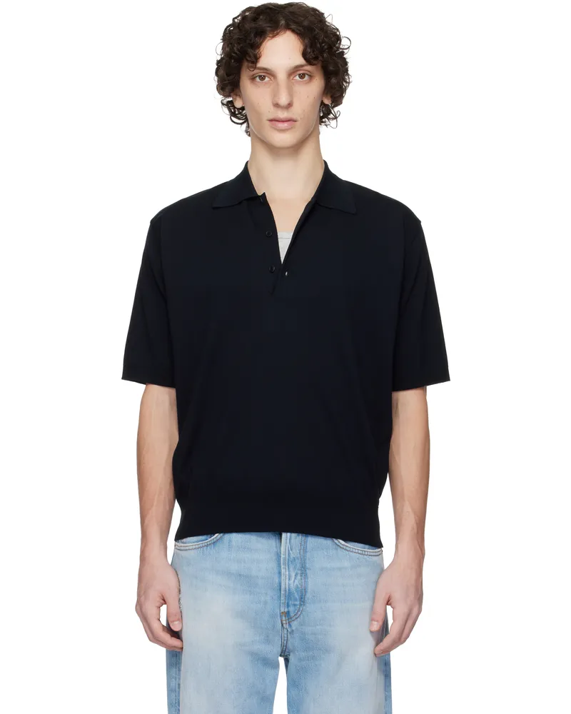 AURALEE Navy Super High Gauge Cotton Knit Polo Dark