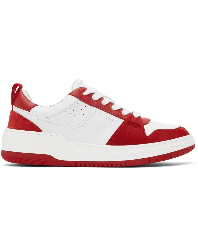 Ferragamo White & Red Suede Patch Skate Sneakers 001