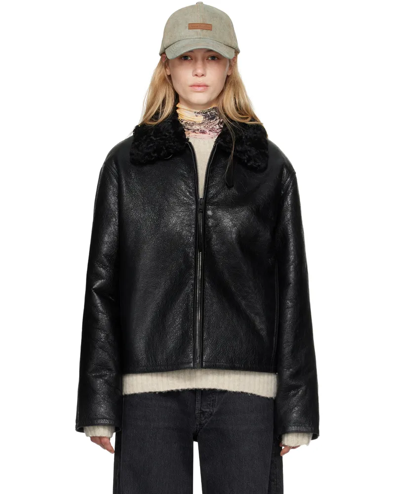 Acne Studios Black Crackled Shearling Leather Jacket 900
