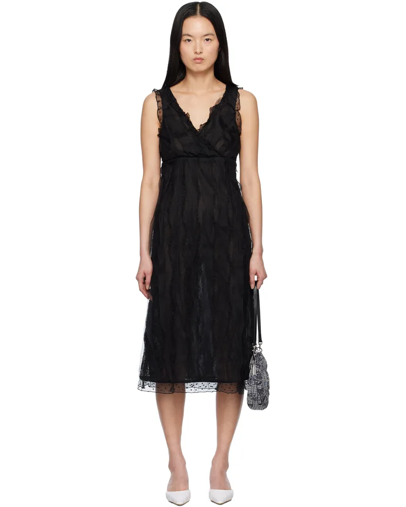 Anna Sui Black Combo Sleeveless Lace Midi Dress Black