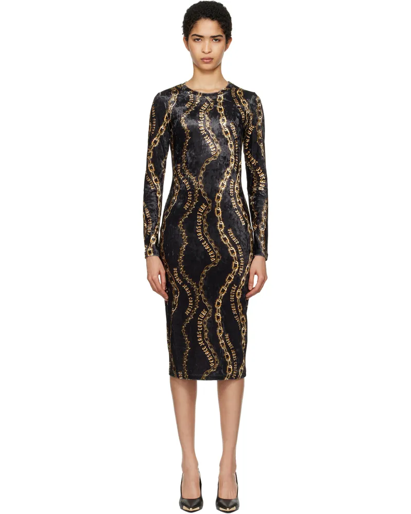 Versace Jeans Black Chain Couture Velvet Midi Dress Eg89
