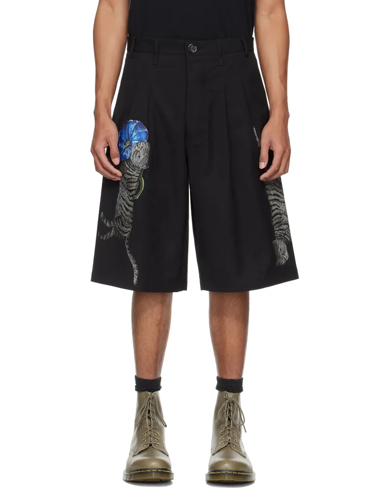 Song For The Mute Black Blue Flower Cat Shorts Black