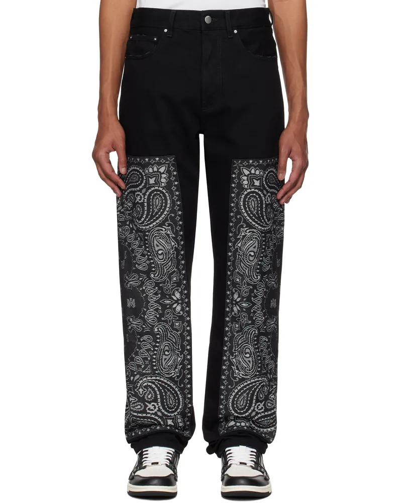 Amiri Black Bandana Jacquard Paneled Straight Jeans Black