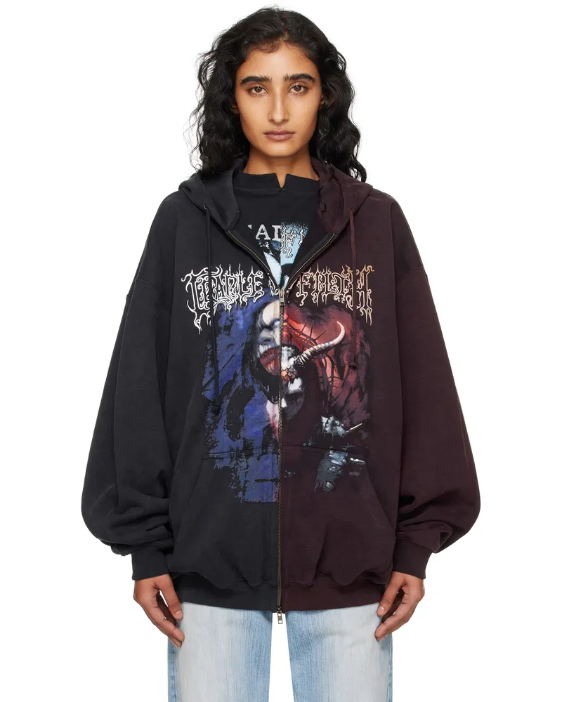 VETEMENTS Black & Burgundy Cradle of Filth Cut-Up Oversized Zip-Up Hoodie Black