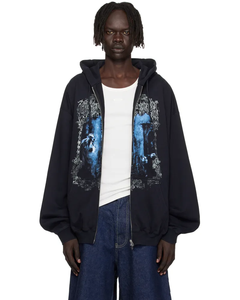 VETEMENTS Black Cradle of Filth Butterfly Oversized Zip-Up Hoodie Washed