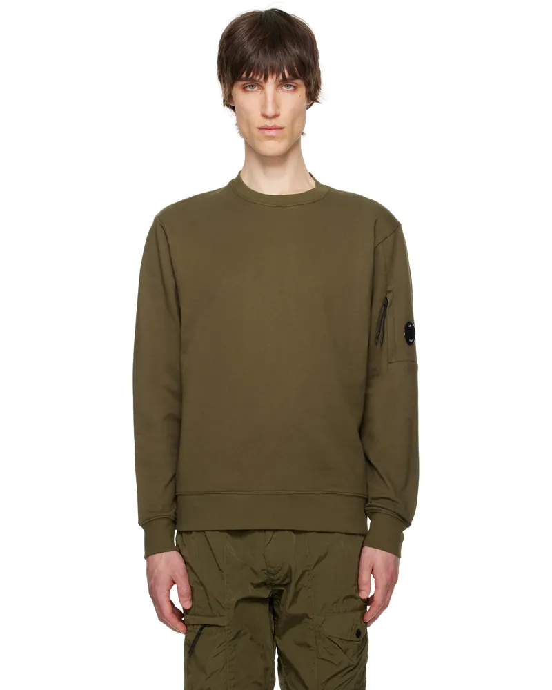 C.P. Company Khaki Diagonal Raised Fleece Crewneck Lens Sweatshirt Ivy