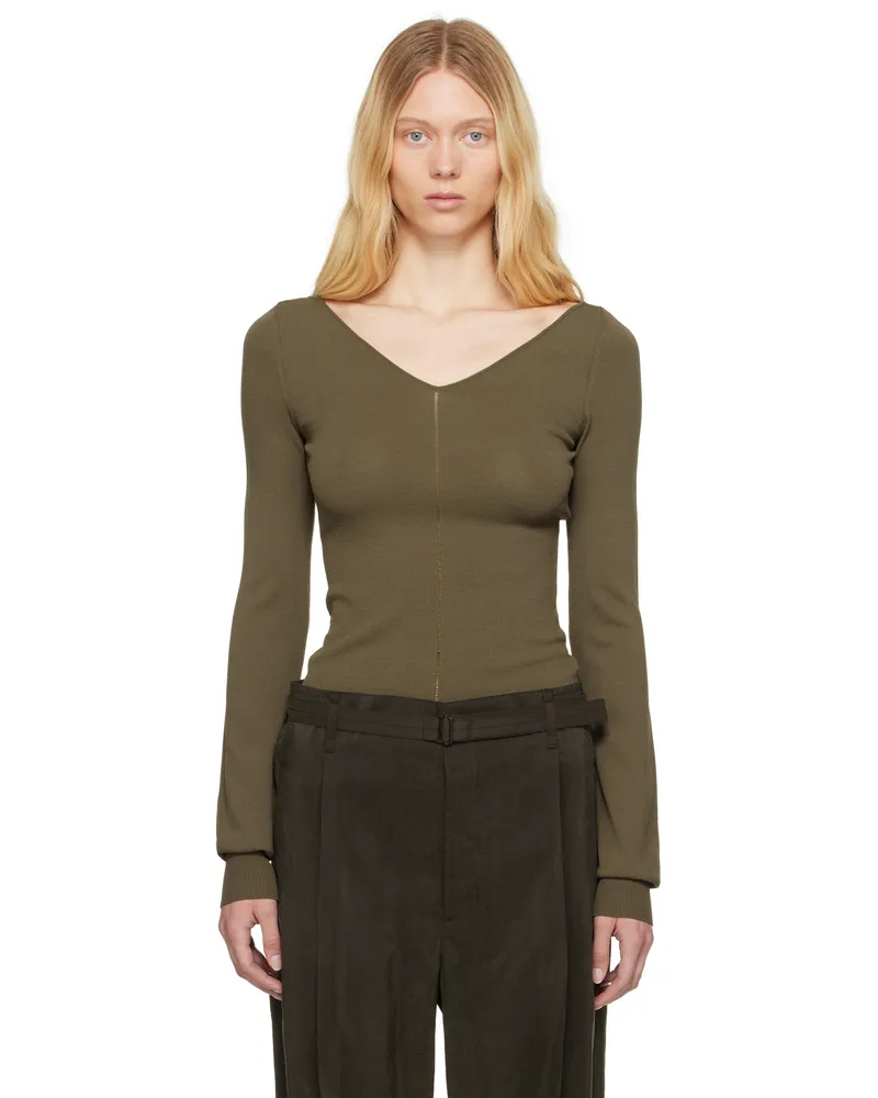 Christophe Lemaire Khaki Wide V-Neck Top Gr678