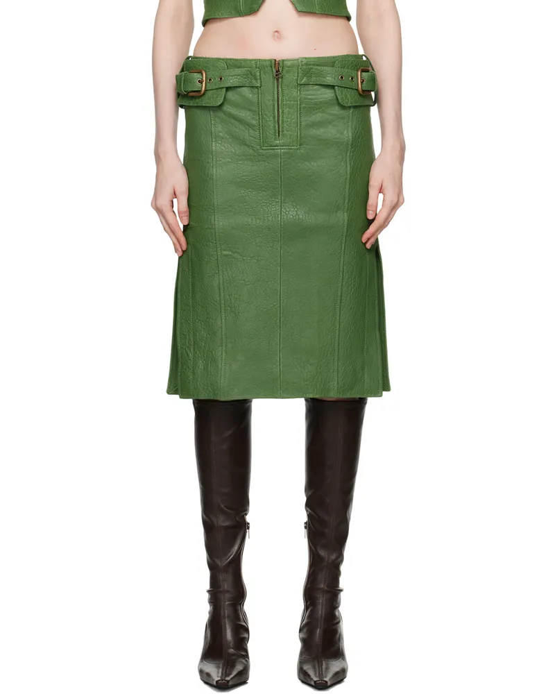 Charlotte Knowles Green Velox Leather Midi Skirt Viridian