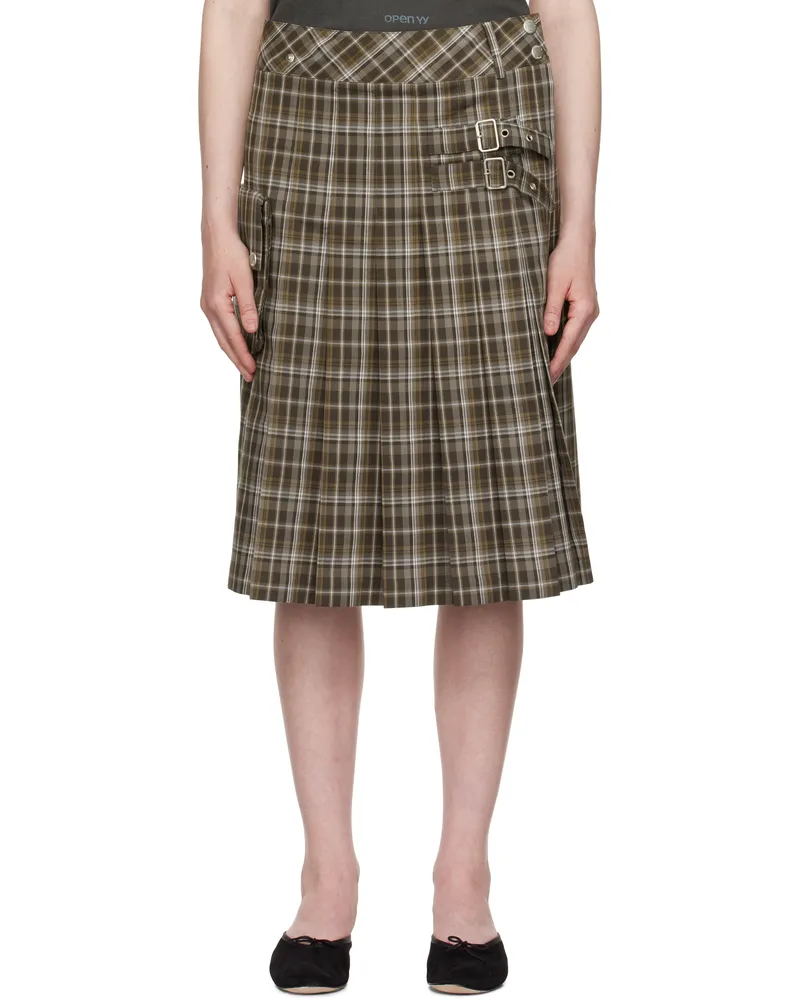 OPEN YY Brown Check Cargo Pocket Kilt Midi Skirt Brown