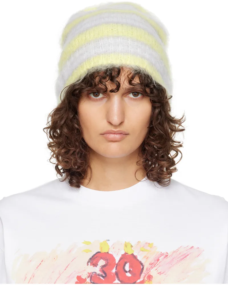 Marni White & Yellow Striped Mohair Beanie V2w01