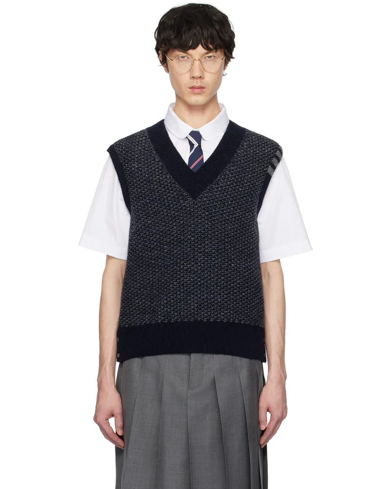 Thom Browne Navy Mohair Tweed 4-Bar V Neck Vest 415
