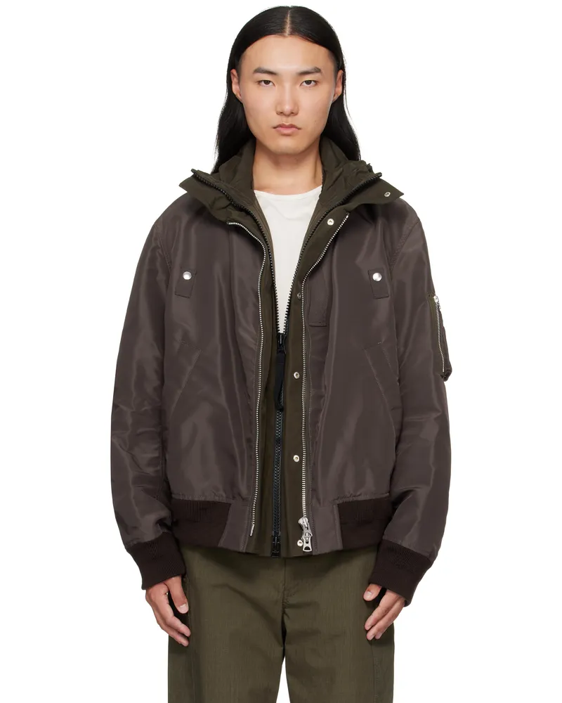 Sacai Brown & Khaki Nylon Twill Grosgrain Bomber Jacket 612