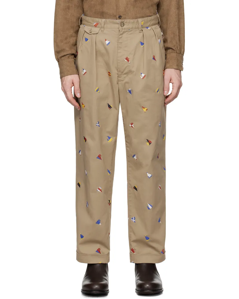 Beams Plus Beige 2 Pleats Embroidered Trousers Khaki24