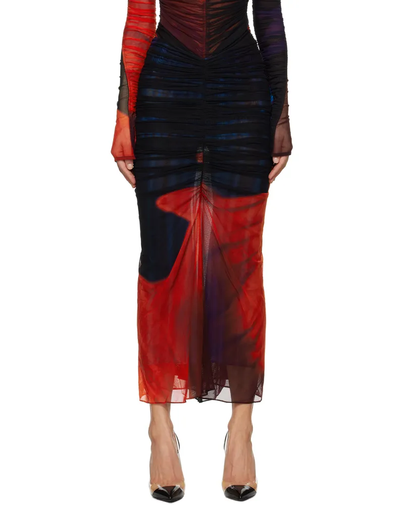Thierry Mugler Multicolor Floral Print Ruched Mesh Midi Skirt Pr603