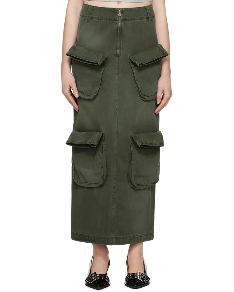 OPEN YY Green Cargo Denim Maxi Skirt Khaki