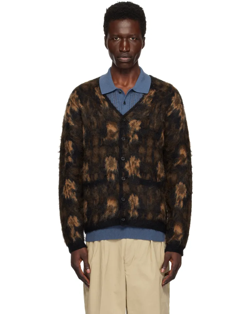 Beams Plus Brown Double Jacquard Botanical Pattern Cardigan Black19