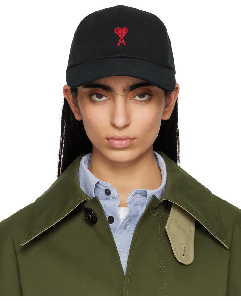 AMI Paris Black Cotton Ami de Coeur Embroidery Cap Black