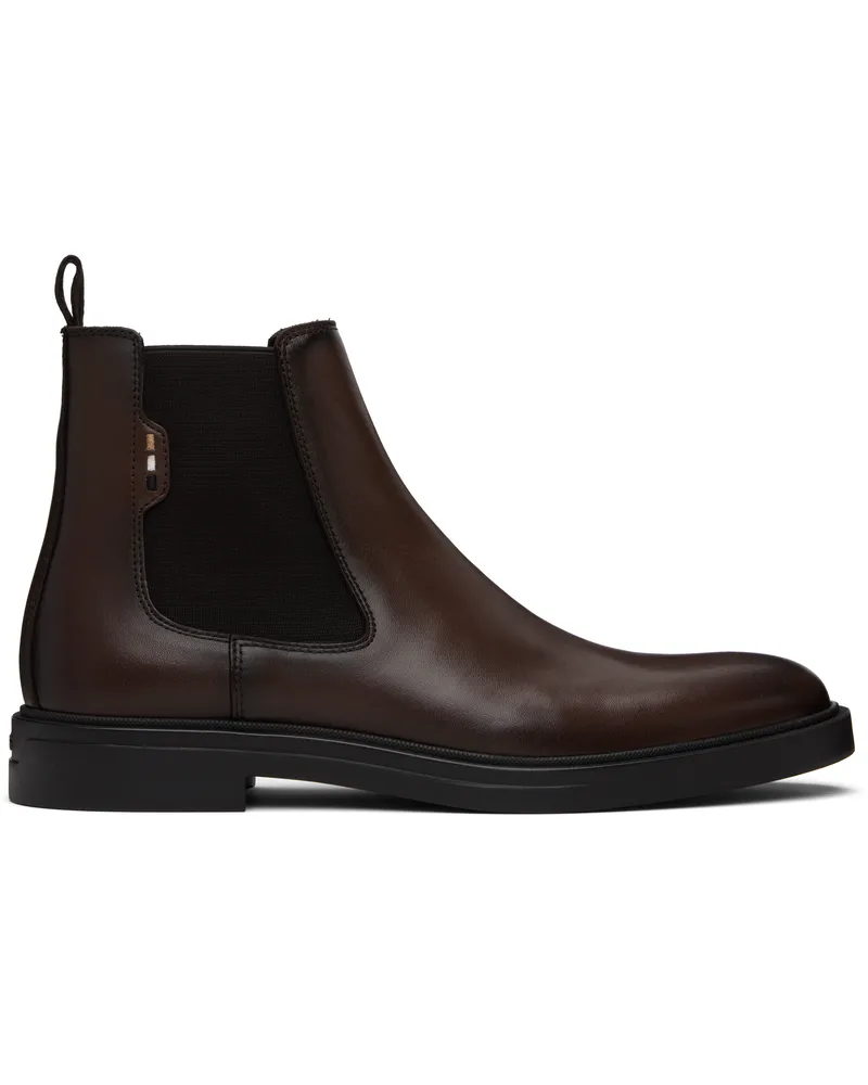 HUGO BOSS Brown Signature Stripe Leather Chelsea Boots 201-dark