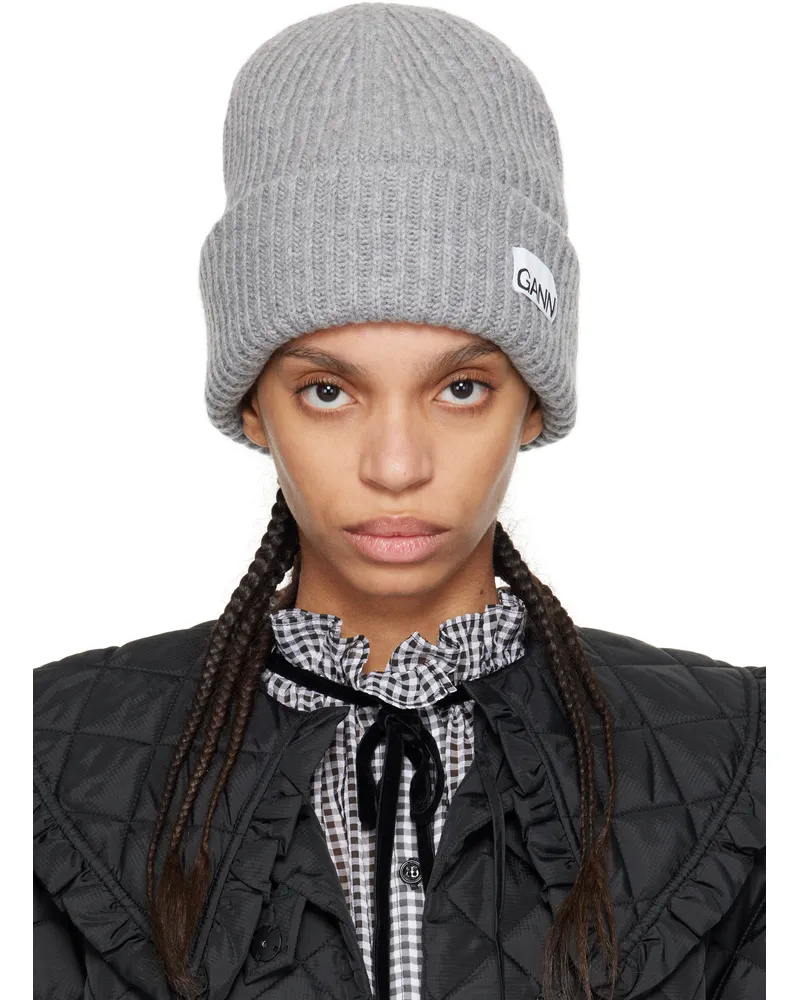 Ganni Gray Oversized Wool Rib Knit Beanie 921