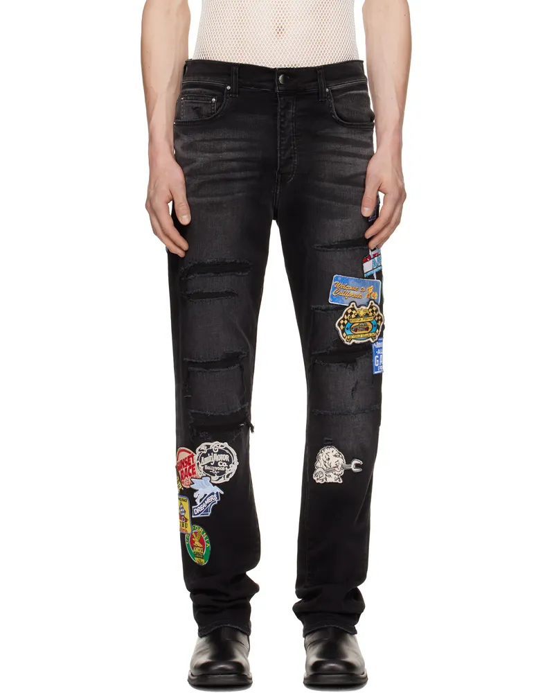 Amiri Black Station Patch Repair Slim Jeans Vintage