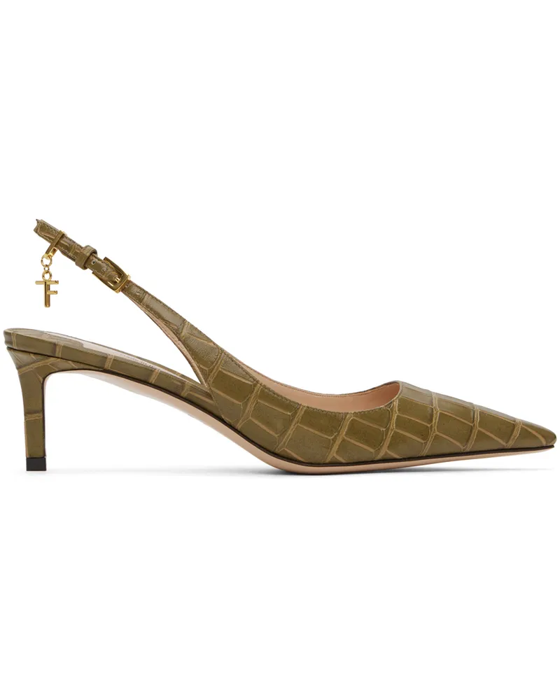 Tom Ford Khaki 55mm Stamped Croc Slingback Heels 1e015