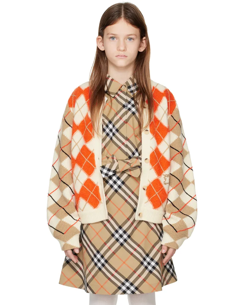 Burberry Kids Orange Argyle Wool Cardigan Orange