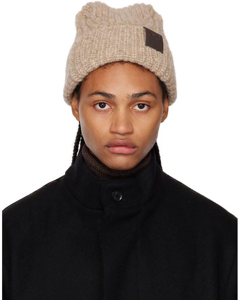 Ferragamo Beige Ribbed Beanie Camello