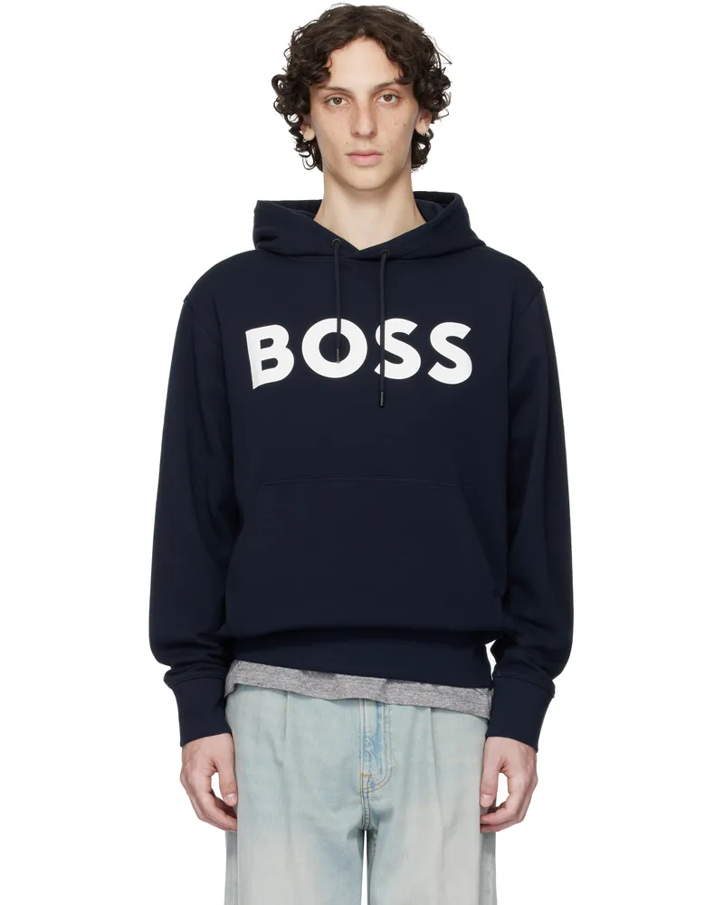 HUGO BOSS Navy Relaxed-Fit Large Logo Hoodie 404-dark