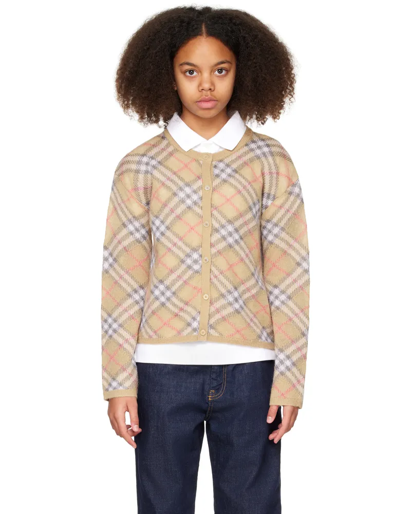 Burberry Kids Beige Check Alpaca Silk Blend Cardigan Pale