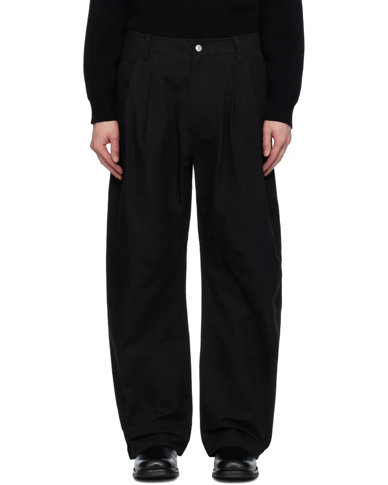 AFTER PRAY Black Curved Two Tuck Cotton Trousers Black