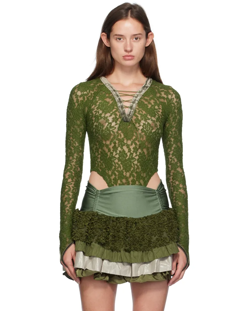 Andersson Bell Green Rose Lace Bodysuit Khaki