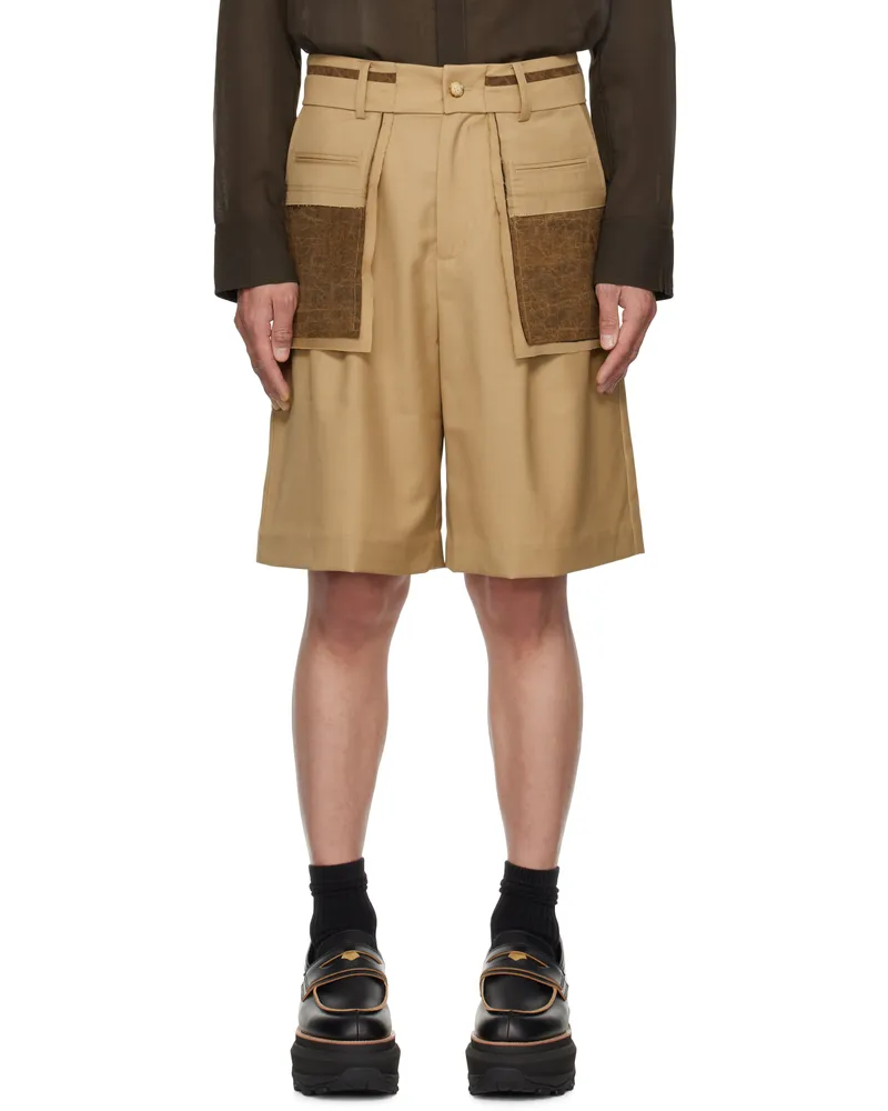 Feng Chen Wang Tan Deconstructed Patchwork Shorts Khaki