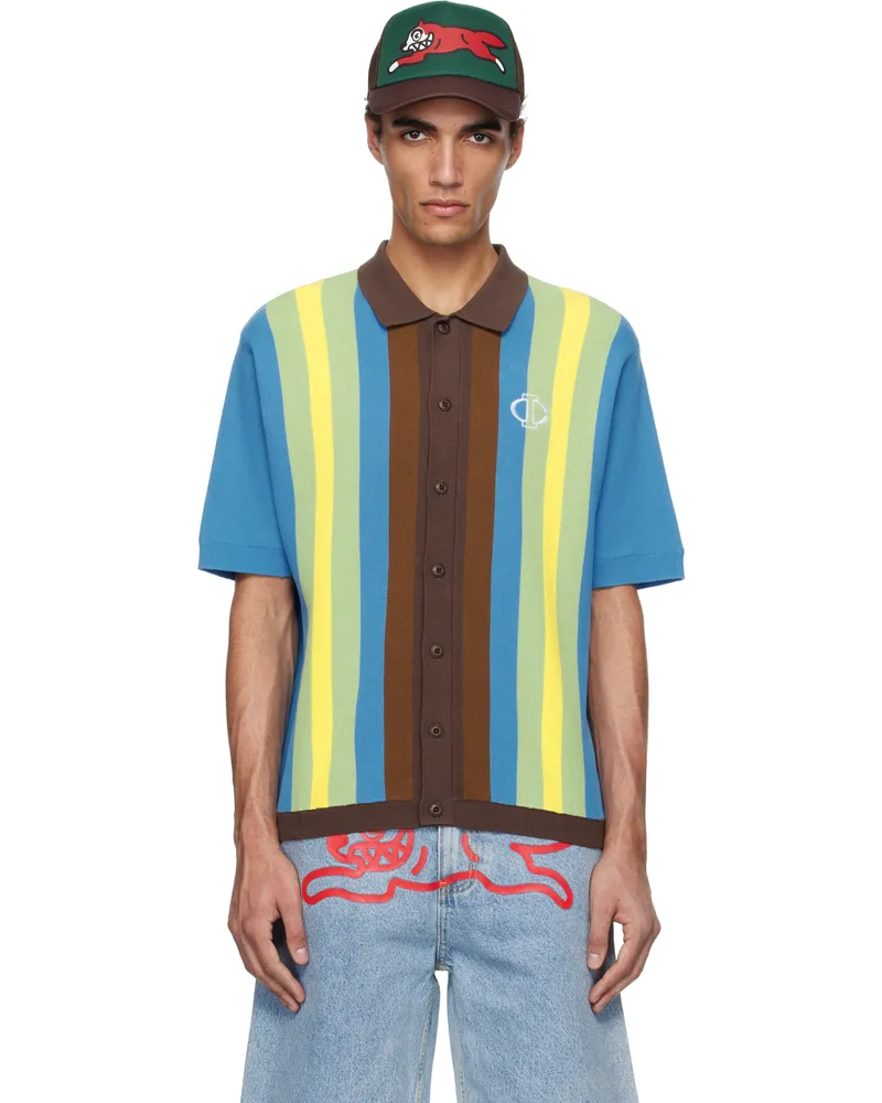 ICECREAM Blue & Brown Jacquard Knit Short Sleeve Polo Blue