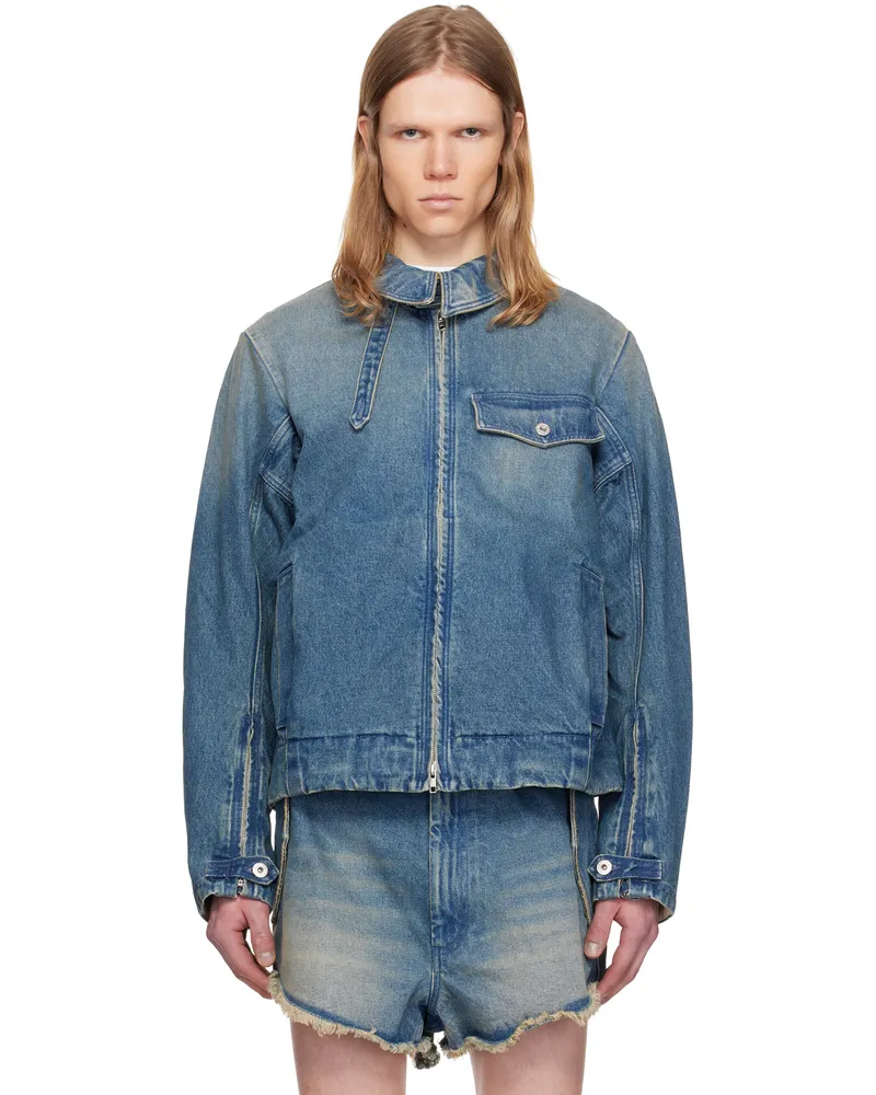 Random Identities Blue Washed Zipped Denim Jacket Blue