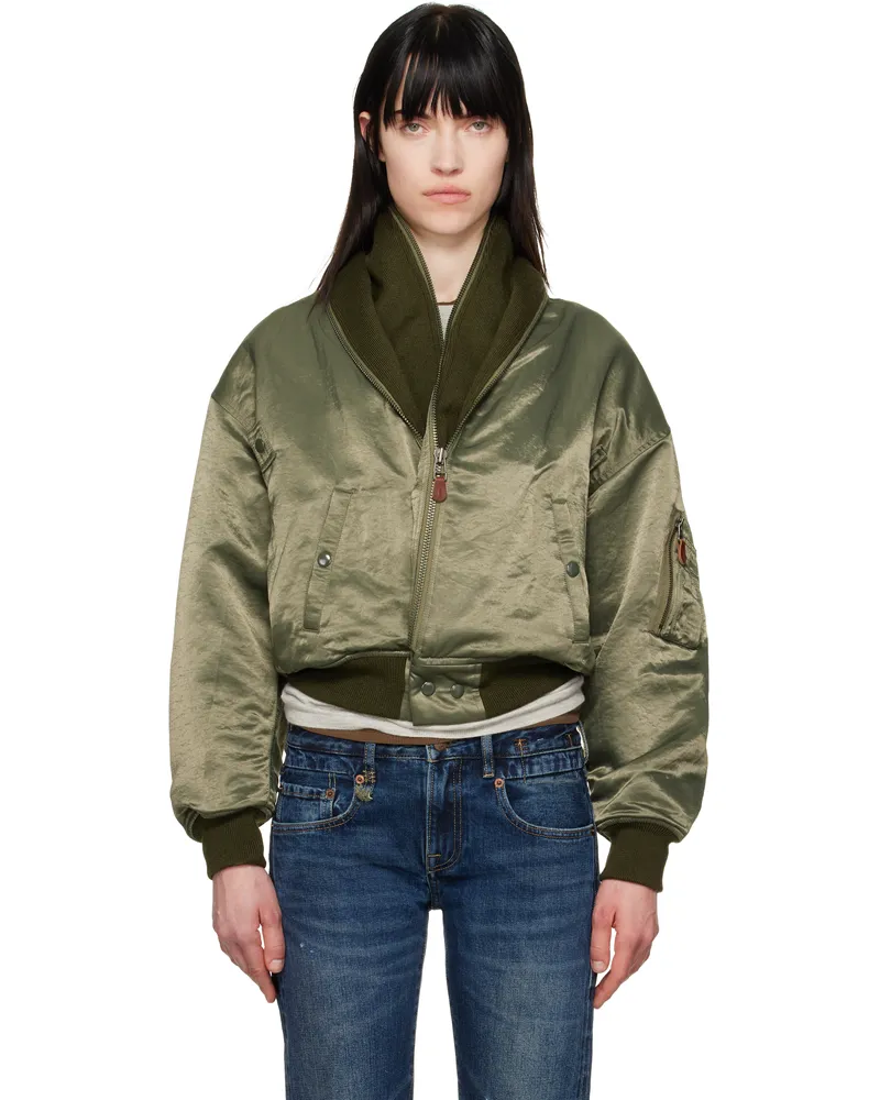 R13 Khaki Zip Collar Flight Bomber Jacket Olive
