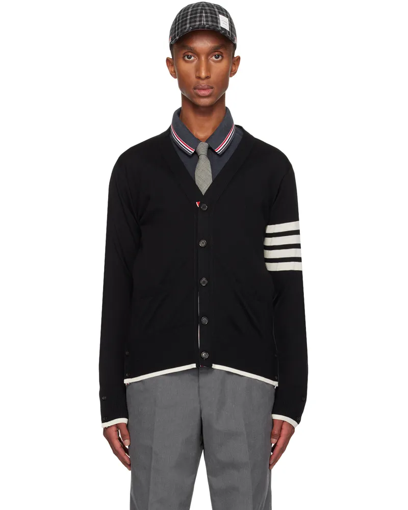 Thom Browne Black Fine Wool 4-Bar Relaxed Fit Cardigan 001