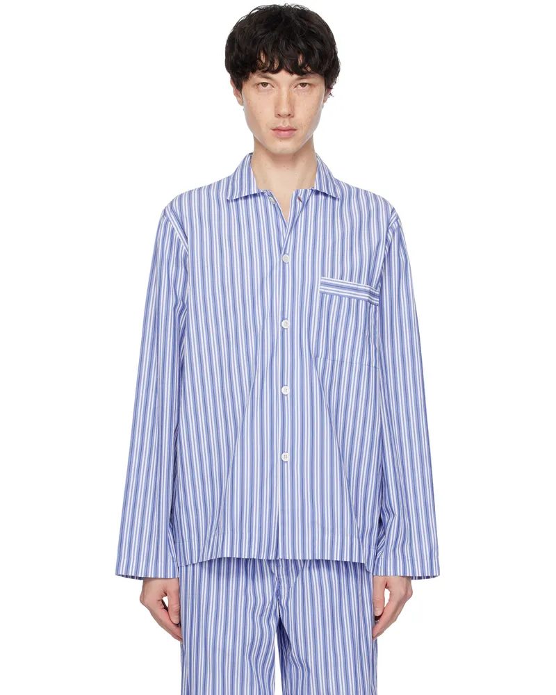 TEKLA White & Blue Poplin Long-Sleeved Pyjama Shirt Penny