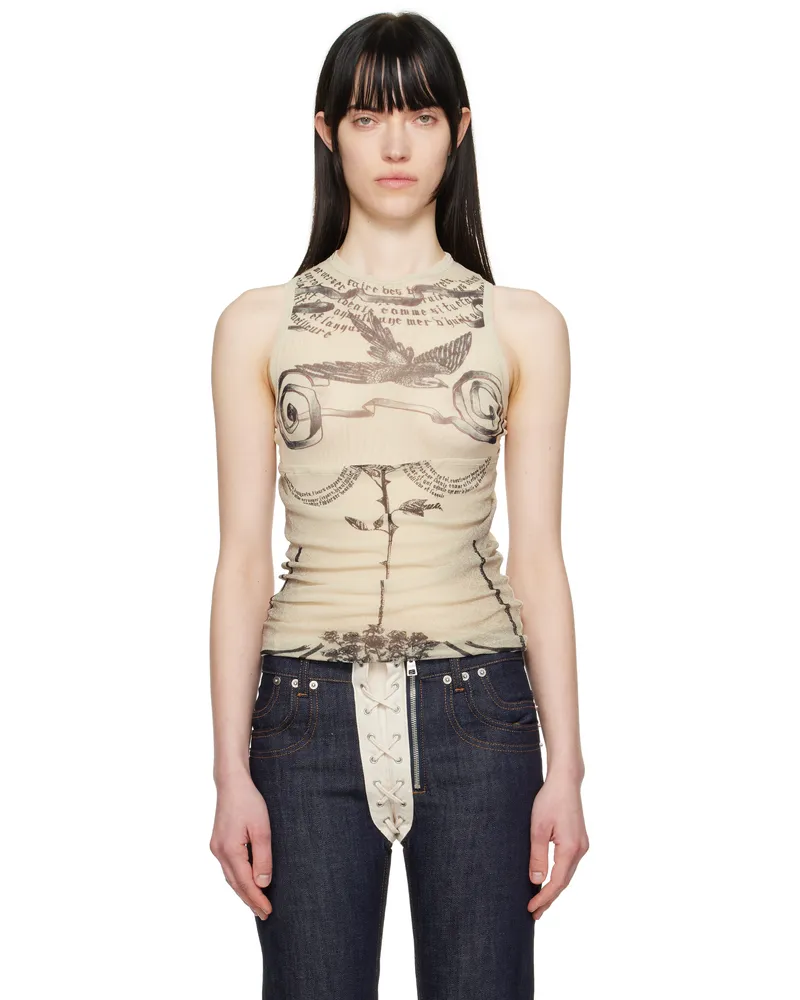 Jean Paul Gaultier Beige 'The Tattoo Rose and Bird' Tank Top 030030-ecru