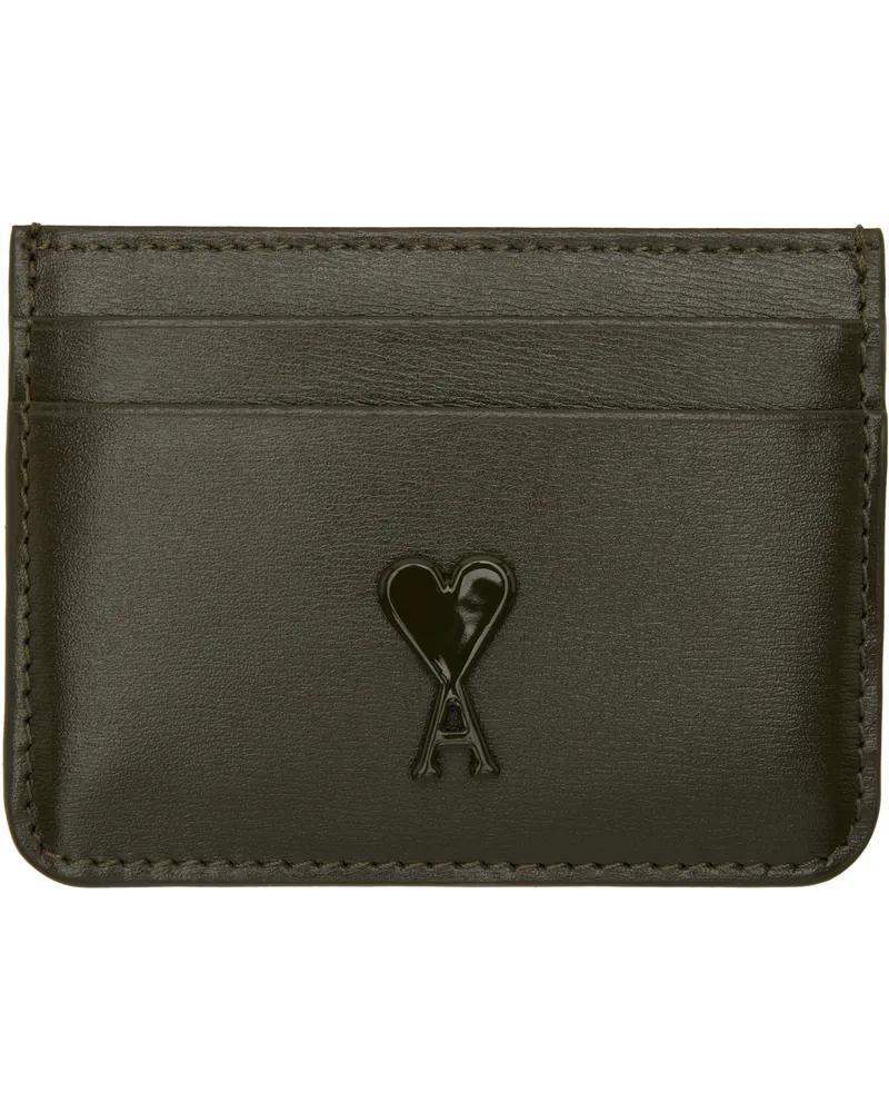 AMI Paris Khaki Leather Ami de Coeur Card Holder 377