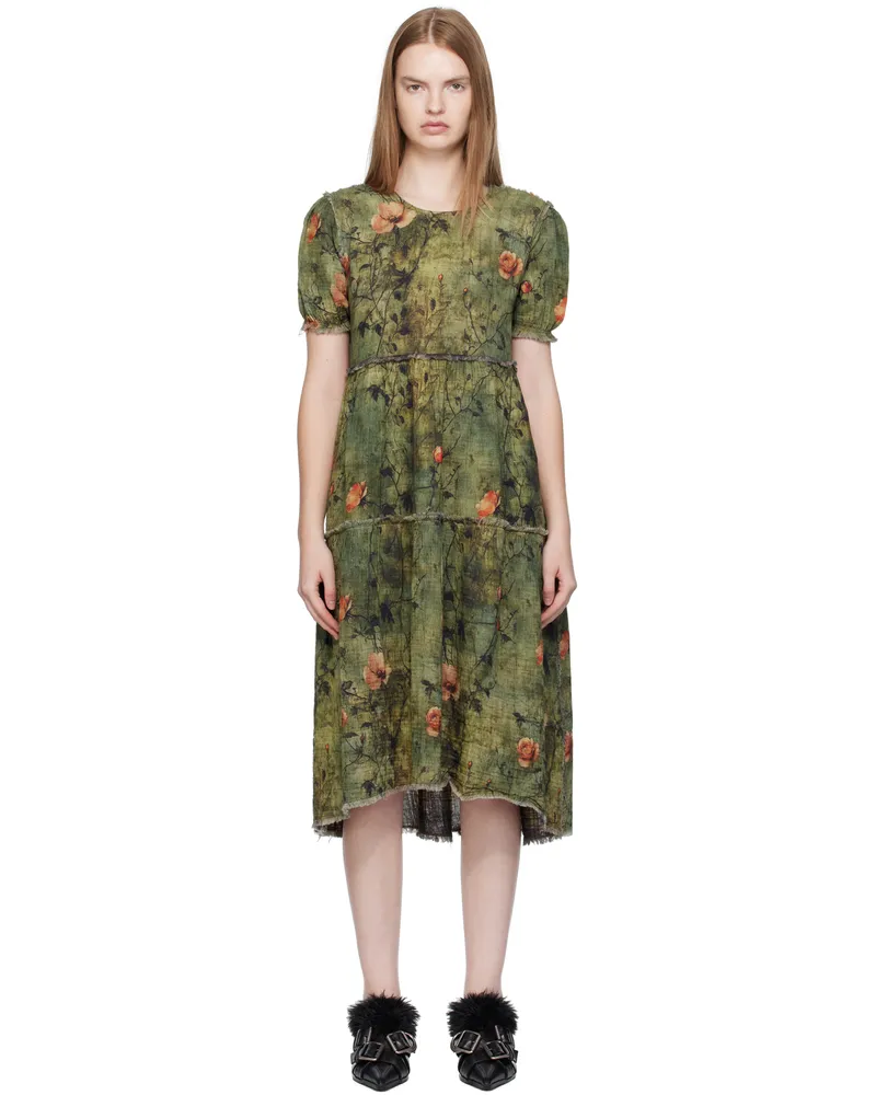 R13 Green Shredded Relaxed Reversible Midi Dress Plaid