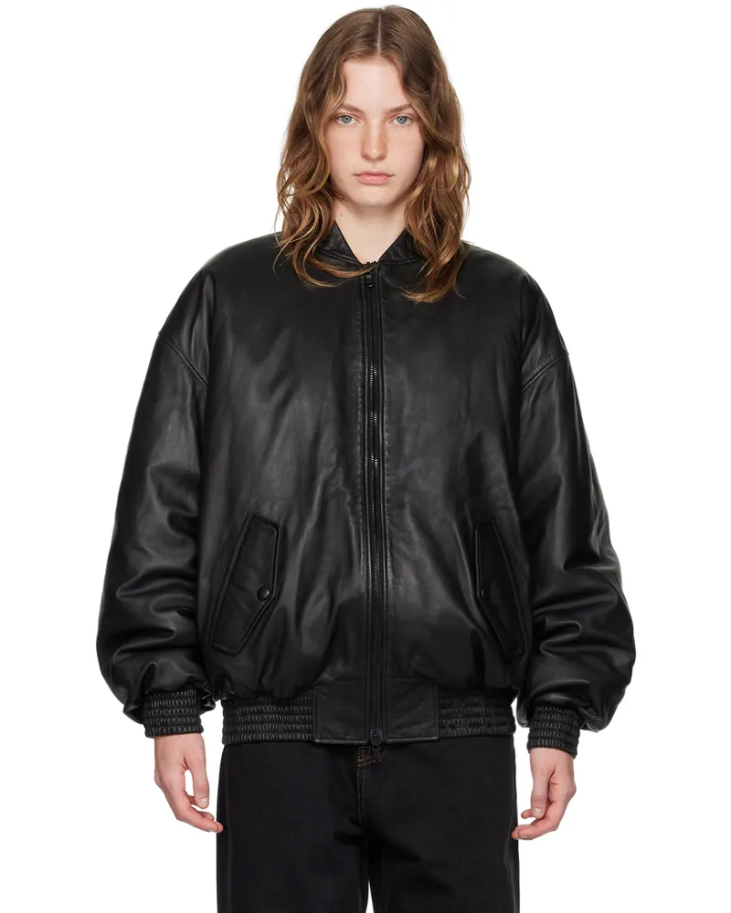 WARDROBE.NYC Black Insulated Leather Bomber Jacket Black