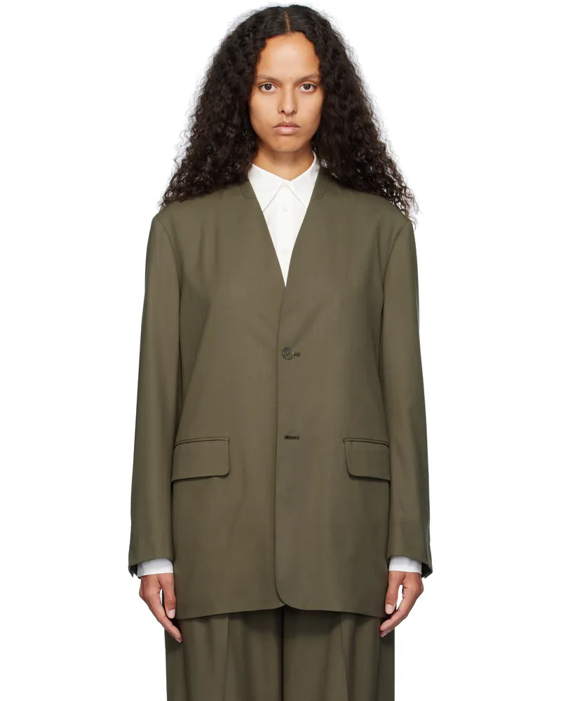 AURALEE Khaki Super Fine Tropical Wool No Collar Blazer Dark