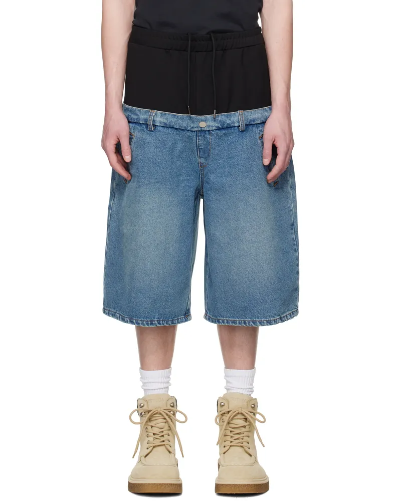 Spencer Badu Blue & Black Dropped Denim Shorts Blue