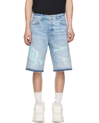 Amiri Blue Embroidered Varsity Logo Repair Denim Shorts Perfect