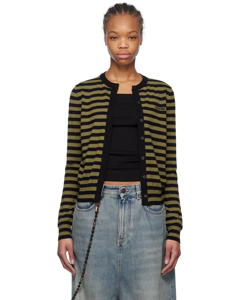 WE 11 DONE Green & Black Striped Cardigan Khaki
