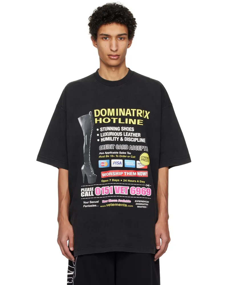 VETEMENTS Black Oversized 'Dominatrix Hotline' T-shirt Black
