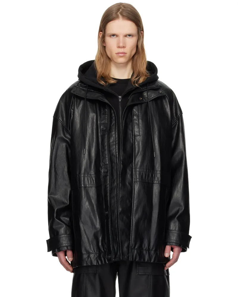 JUUN.J Black Hood Detachable Car Faux-Leather Coat Black
