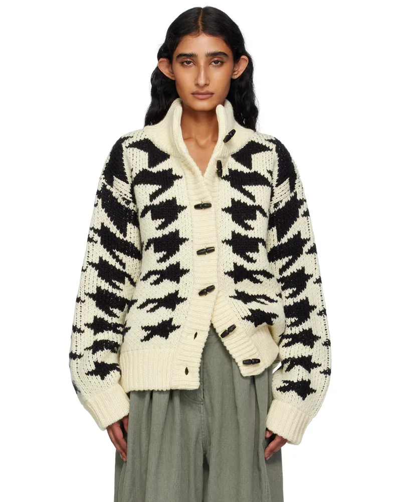 OPEN YY Off-White & Black Hound's Tooth Star Cowichan Cardigan Ivory